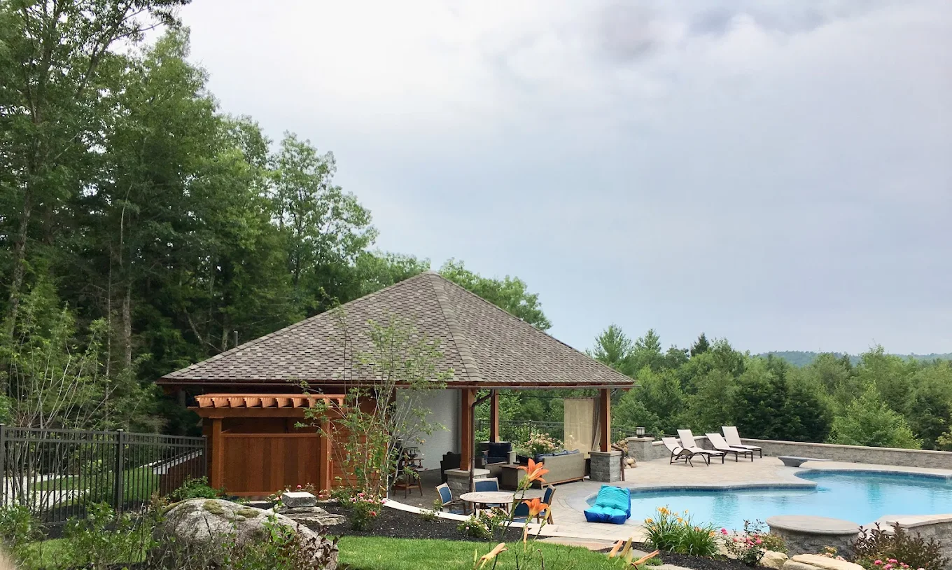 Poolside outdoor structure and fencing